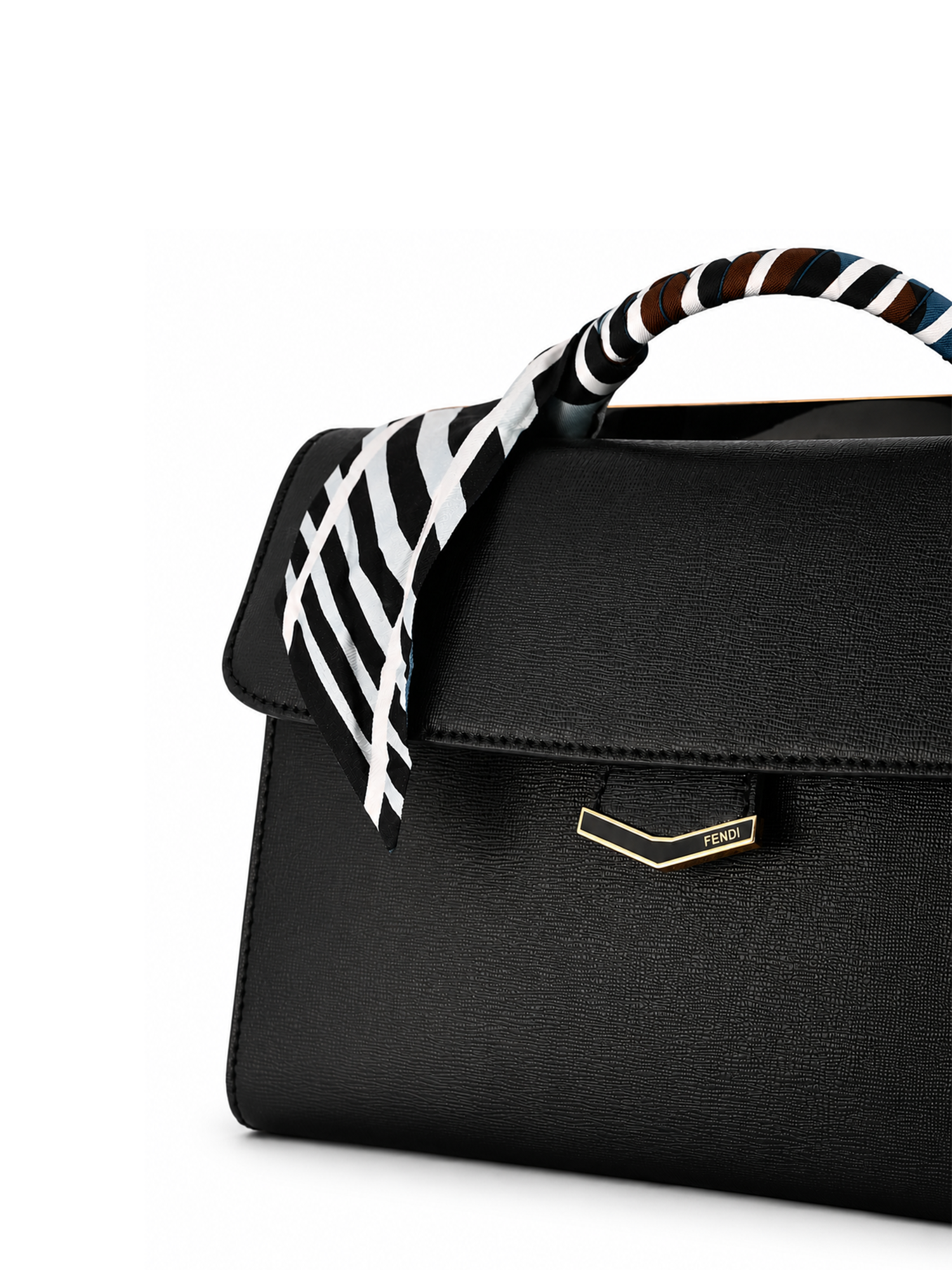 Fendi gold turn-lock and logo plaque detail — black leather Demi Jour bag | SO. by Sora