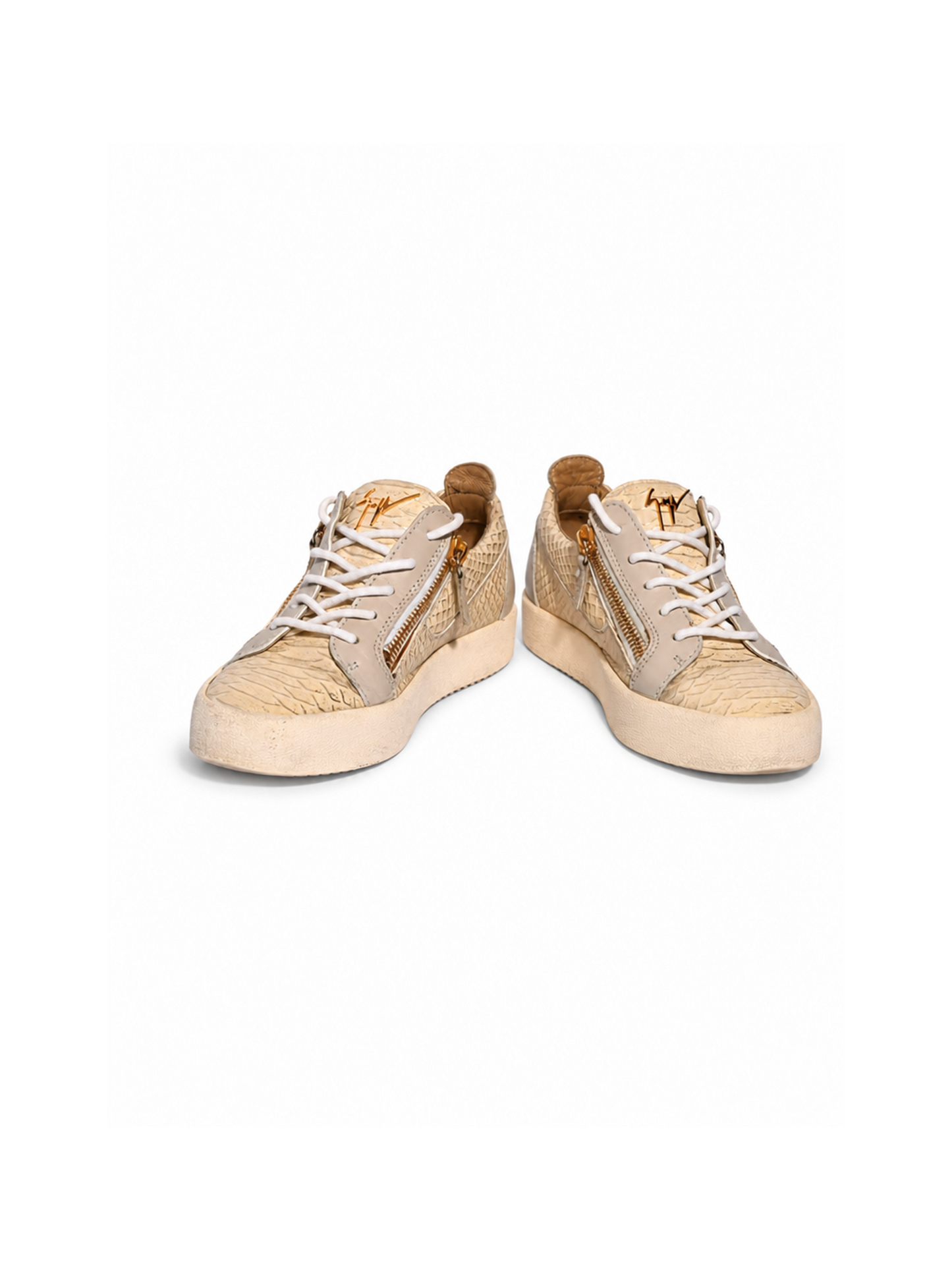 Giuseppe Zanotti beige croc-embossed double-zip sneakers — luxury pre-owned sneakers Saudi Arabia | SO. by Sora