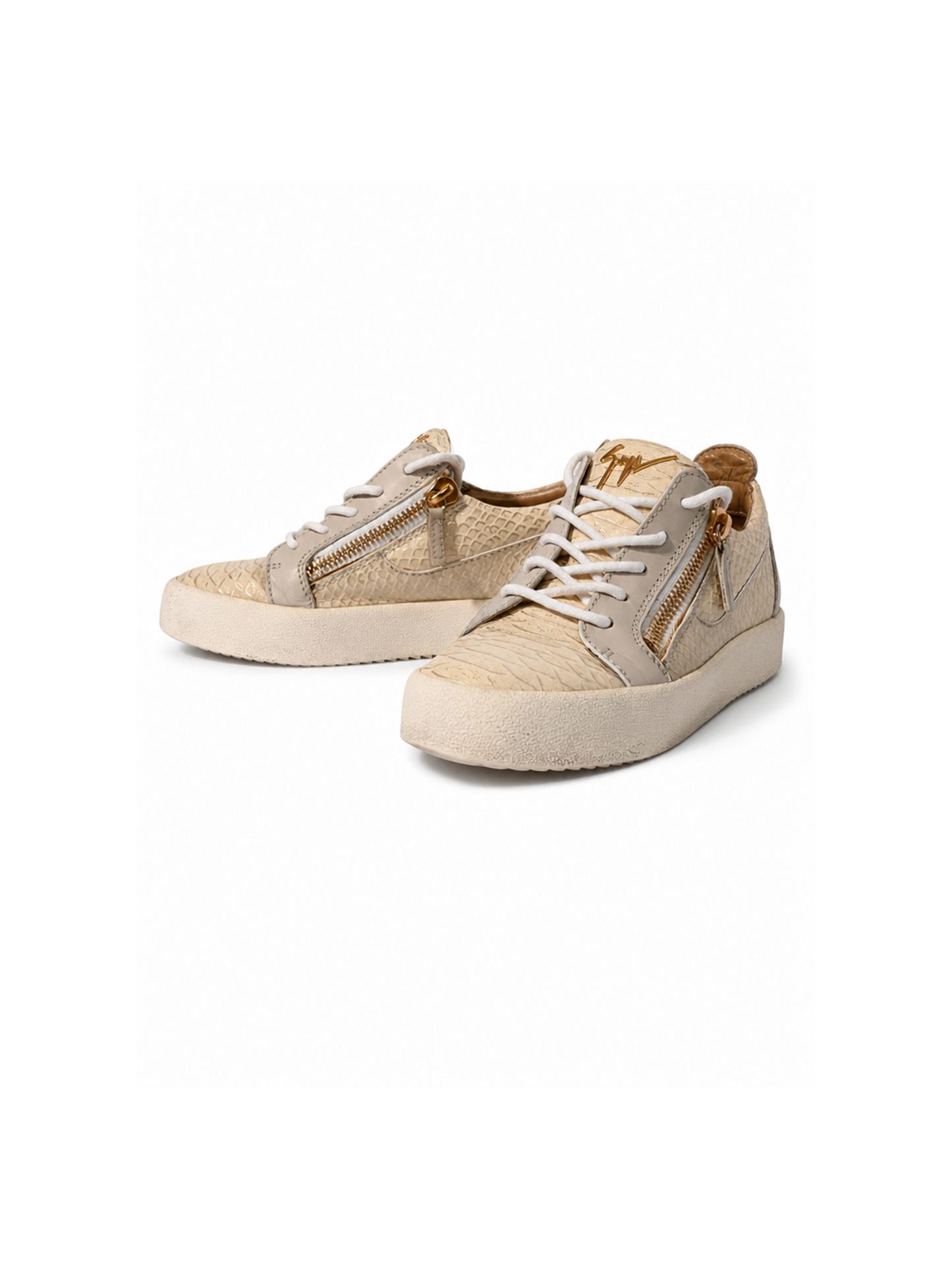 Gold double-zip and Giuseppe signature detail — beige croc-embossed sneakers | SO. by Sora