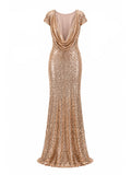 Badgley Mischka gold sequin gown draped cowl back — designer formal dress KSA | SO. by Sora