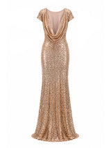 Badgley Mischka gold sequin gown draped cowl back — designer formal dress KSA | SO. by Sora
