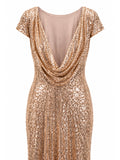 Badgley Mischka cowl back drape detail — gold sequin mermaid gown KSA | SO. by Sora