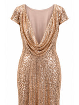 Badgley Mischka cowl back drape detail — gold sequin mermaid gown KSA | SO. by Sora