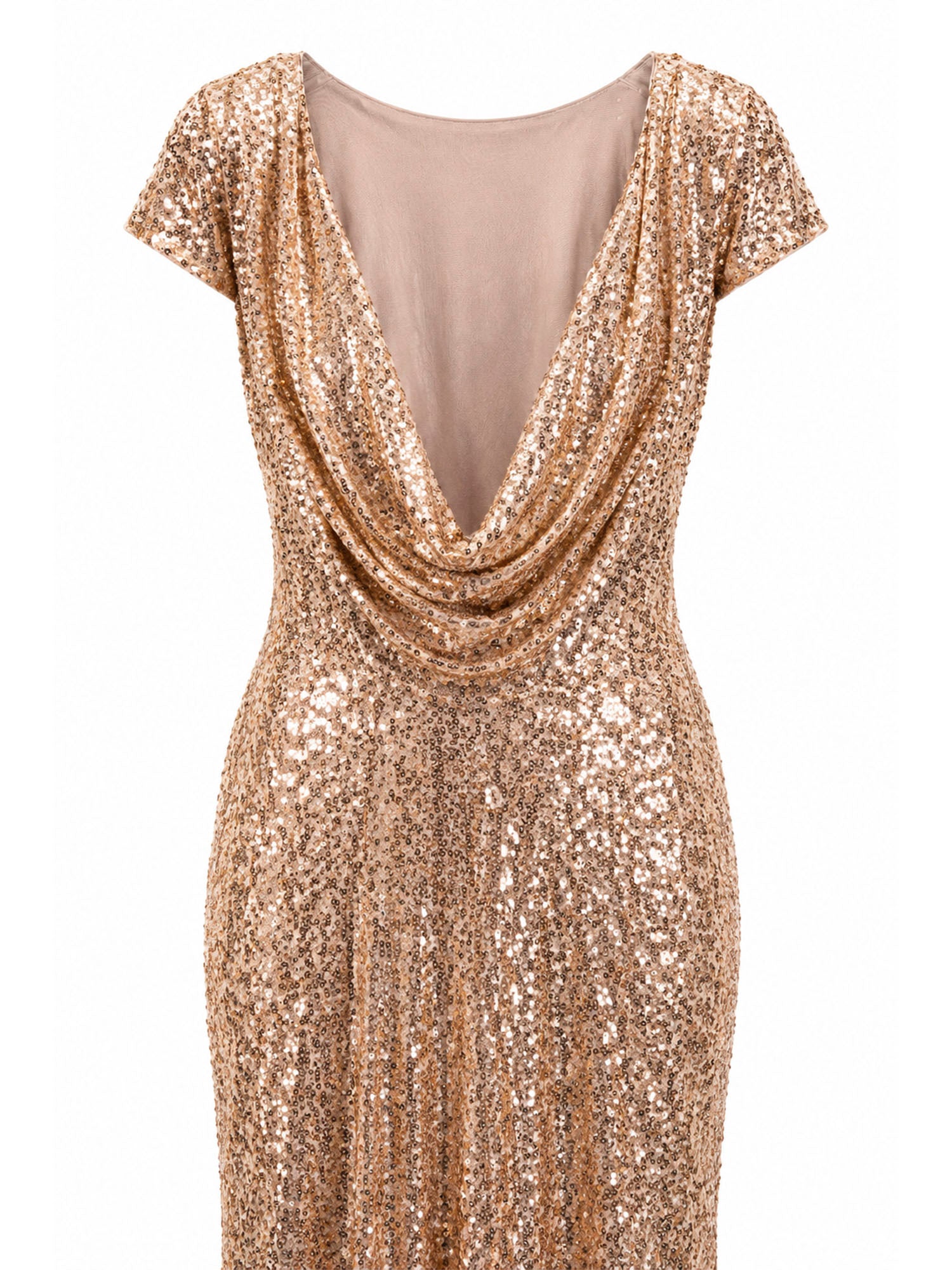 Badgley Mischka cowl back drape detail — gold sequin mermaid gown KSA | SO. by Sora