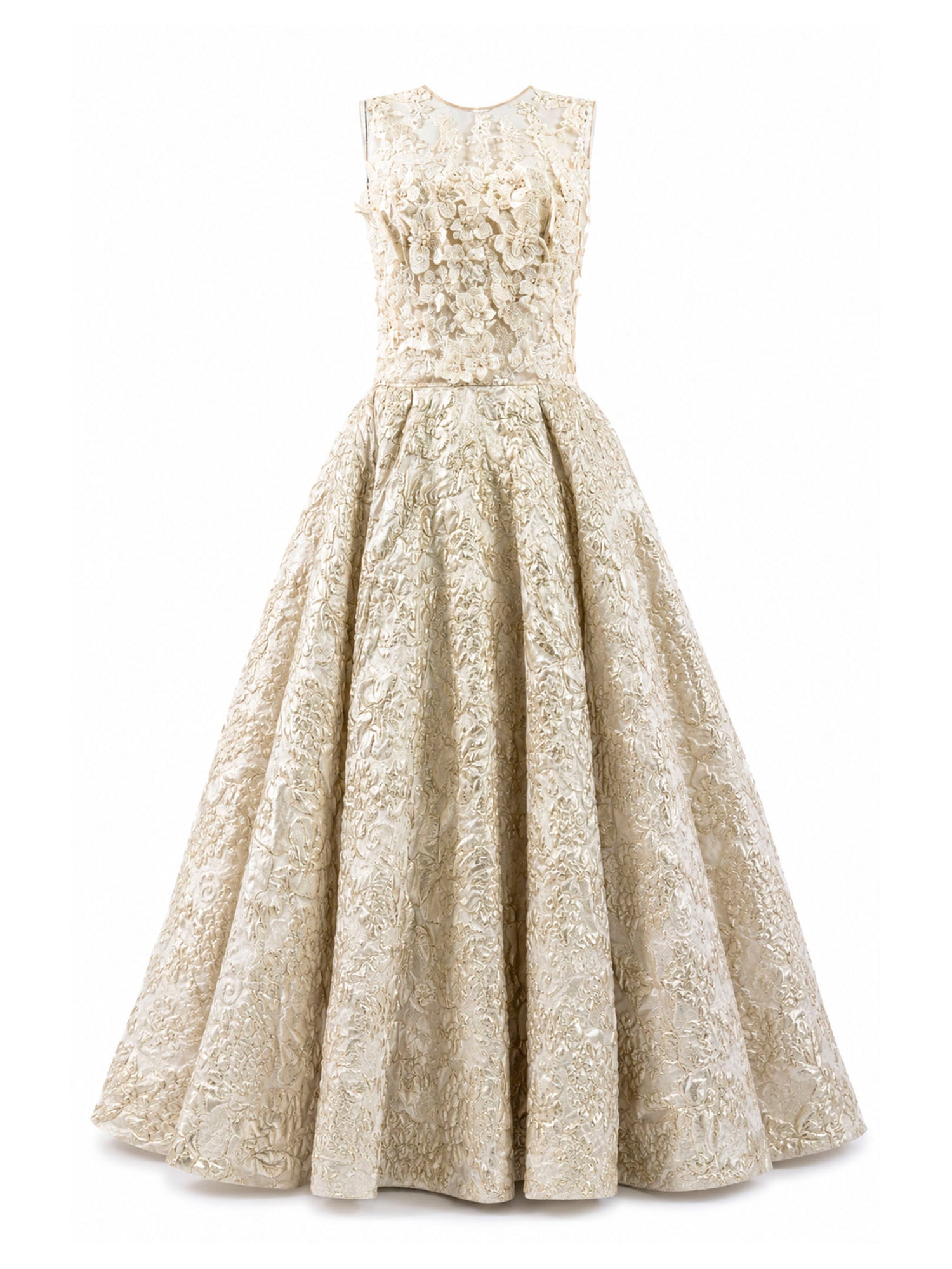 Ivory floral appliqué brocade ball gown front — luxury wedding dress Saudi Arabia | SO. by Sora