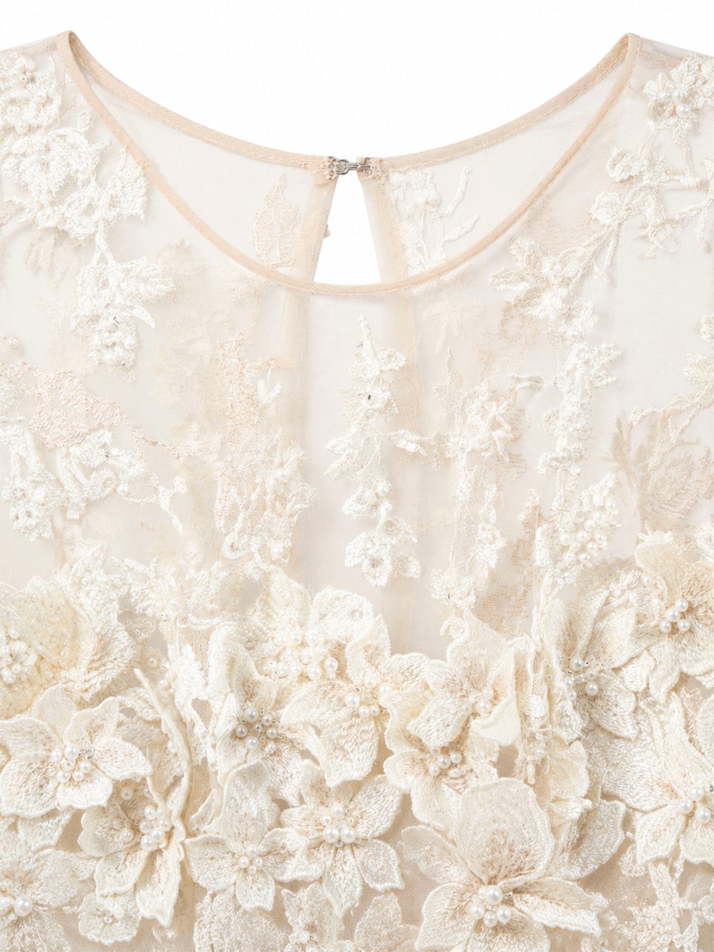 Illusion neckline pearl floral appliqué detail — ivory ball gown | SO. by Sora