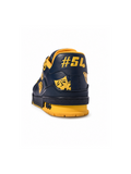 LV Trainer #54 heel and theatre-mask detail — navy Louis Vuitton sneakers | SO. by Sora
