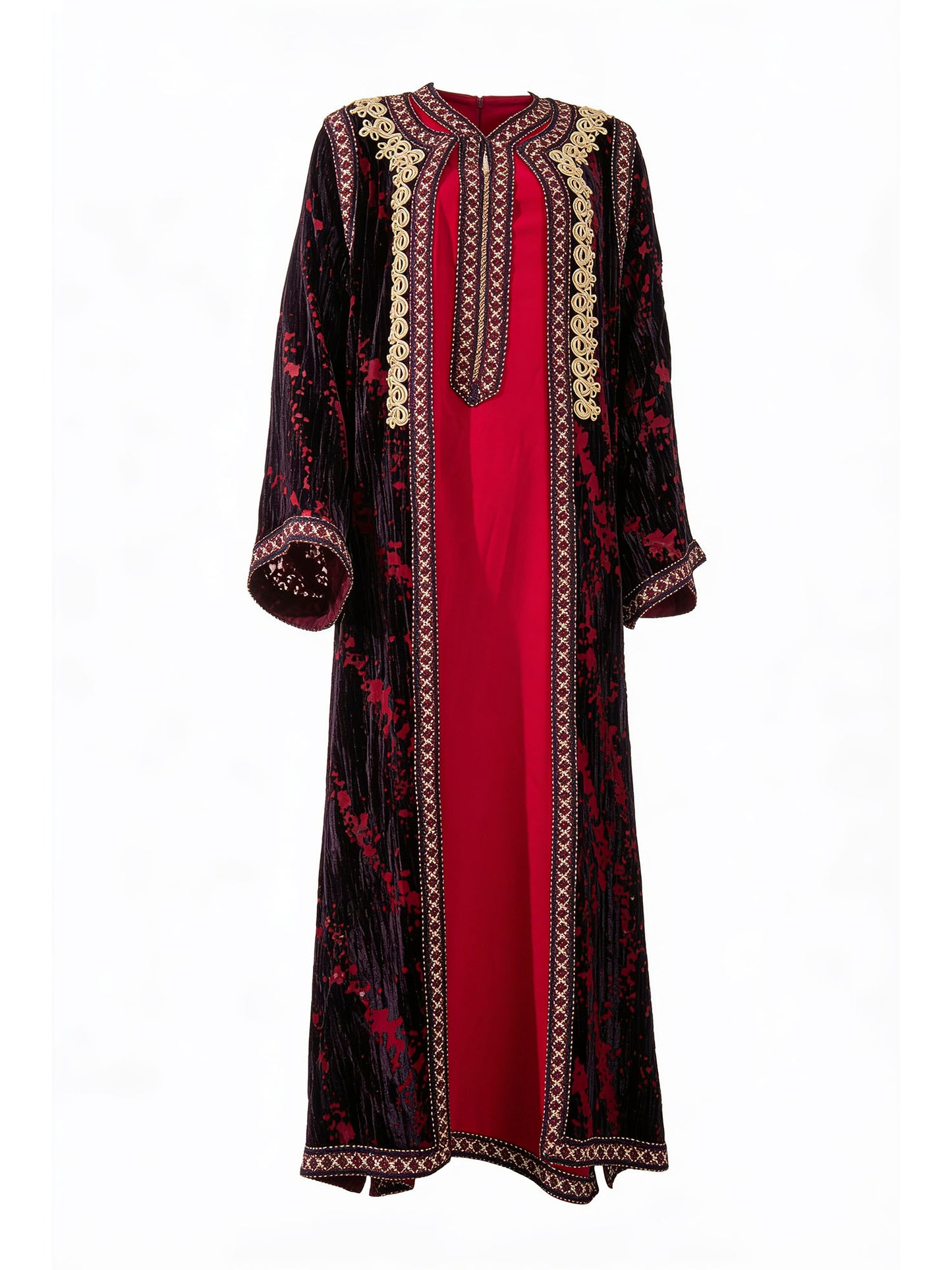 Merveilles du Beldi burgundy velvet takchita front — luxury Moroccan dress Saudi Arabia | SO. by Sora