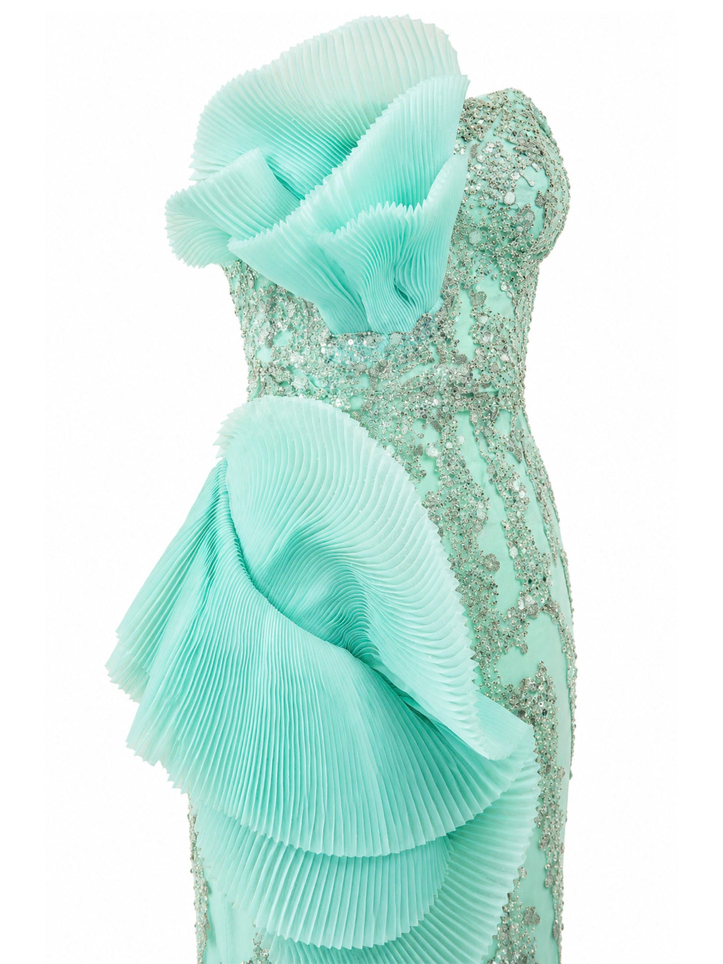 Gaby Charbach mint green ruffle bodice detail — crystal-embellished mermaid gown | SO. by Sora