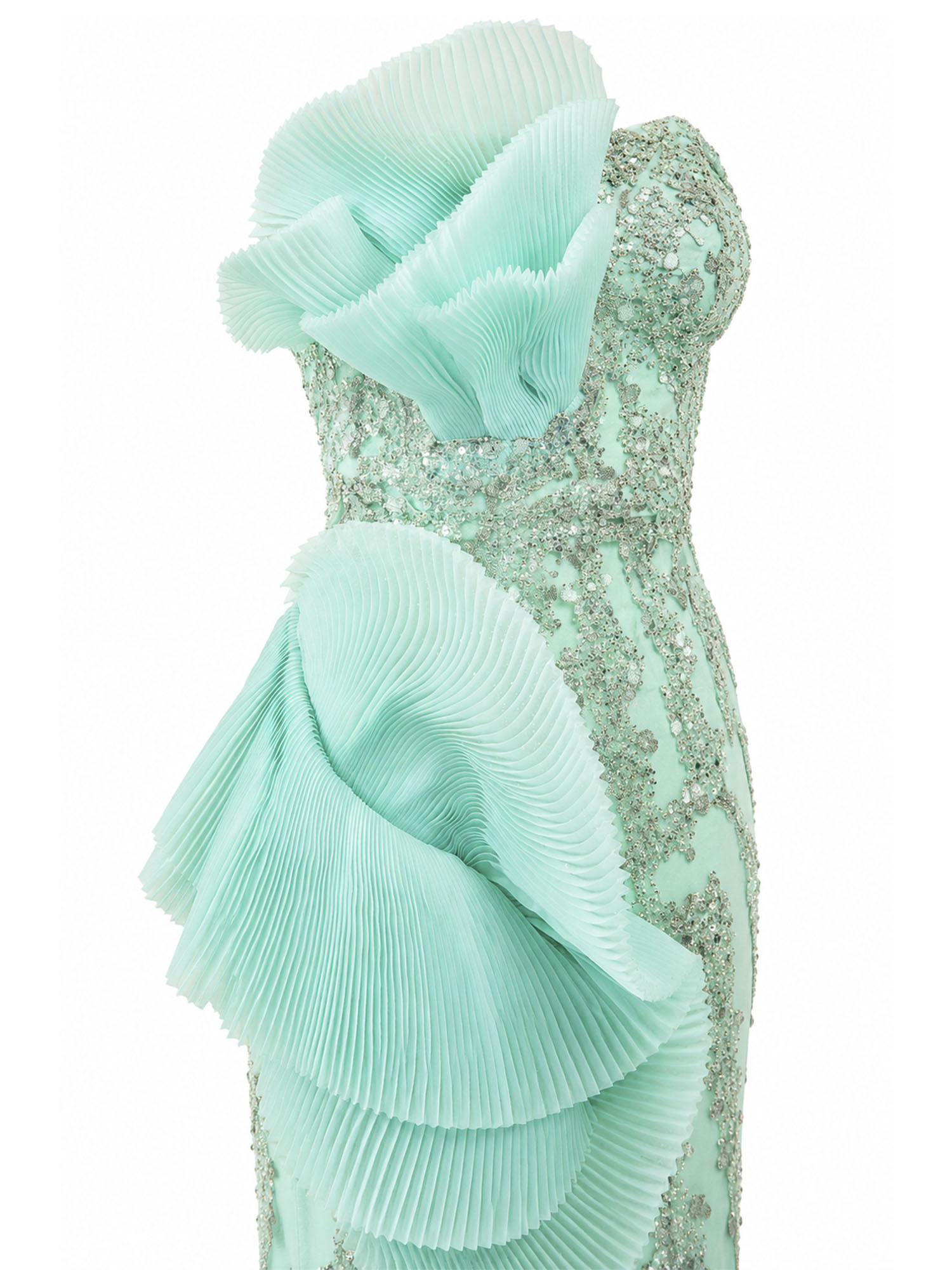 Gaby Charbach mint green ruffle bodice detail — crystal-embellished mermaid gown | SO. by Sora