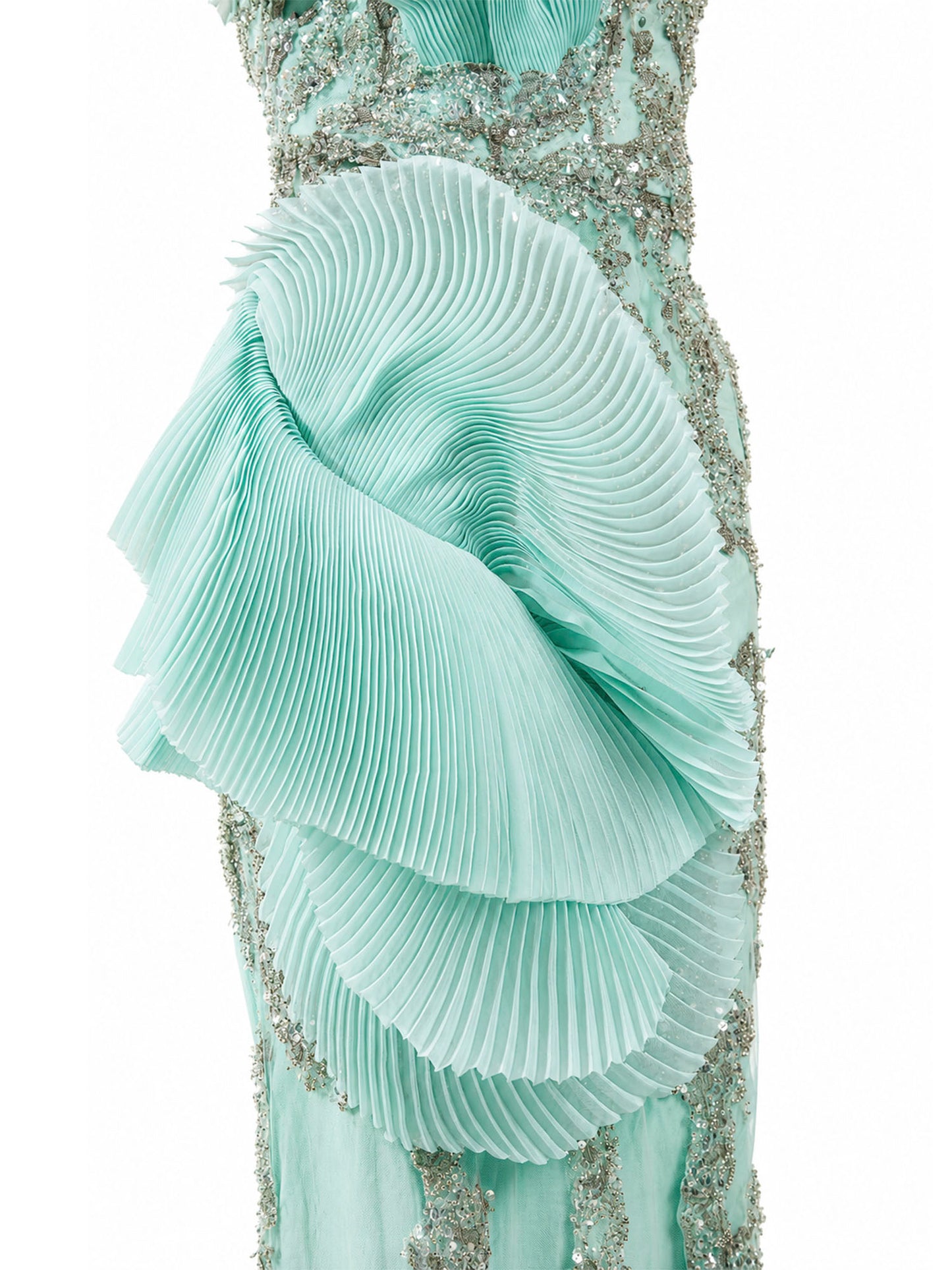 Gaby Charbach pleated organza ruffle detail — mint green formal gown Saudi Arabia | SO. by Sora