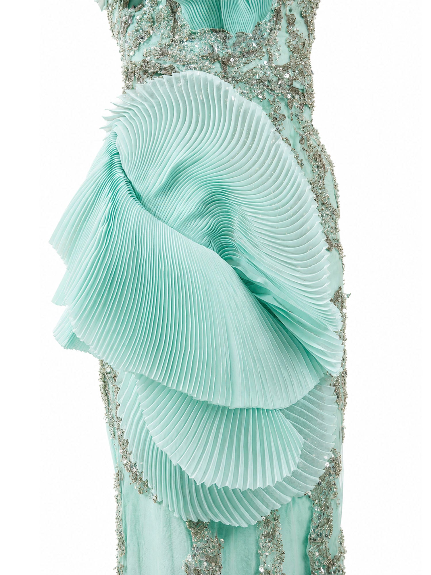 Gaby Charbach pleated organza ruffle detail — mint green formal gown Saudi Arabia | SO. by Sora