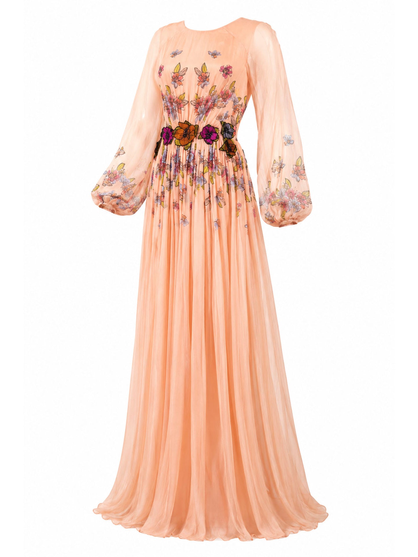 Rami Al Ali peach floral chiffon gown alternate front — designer dress KSA | SO. by Sora