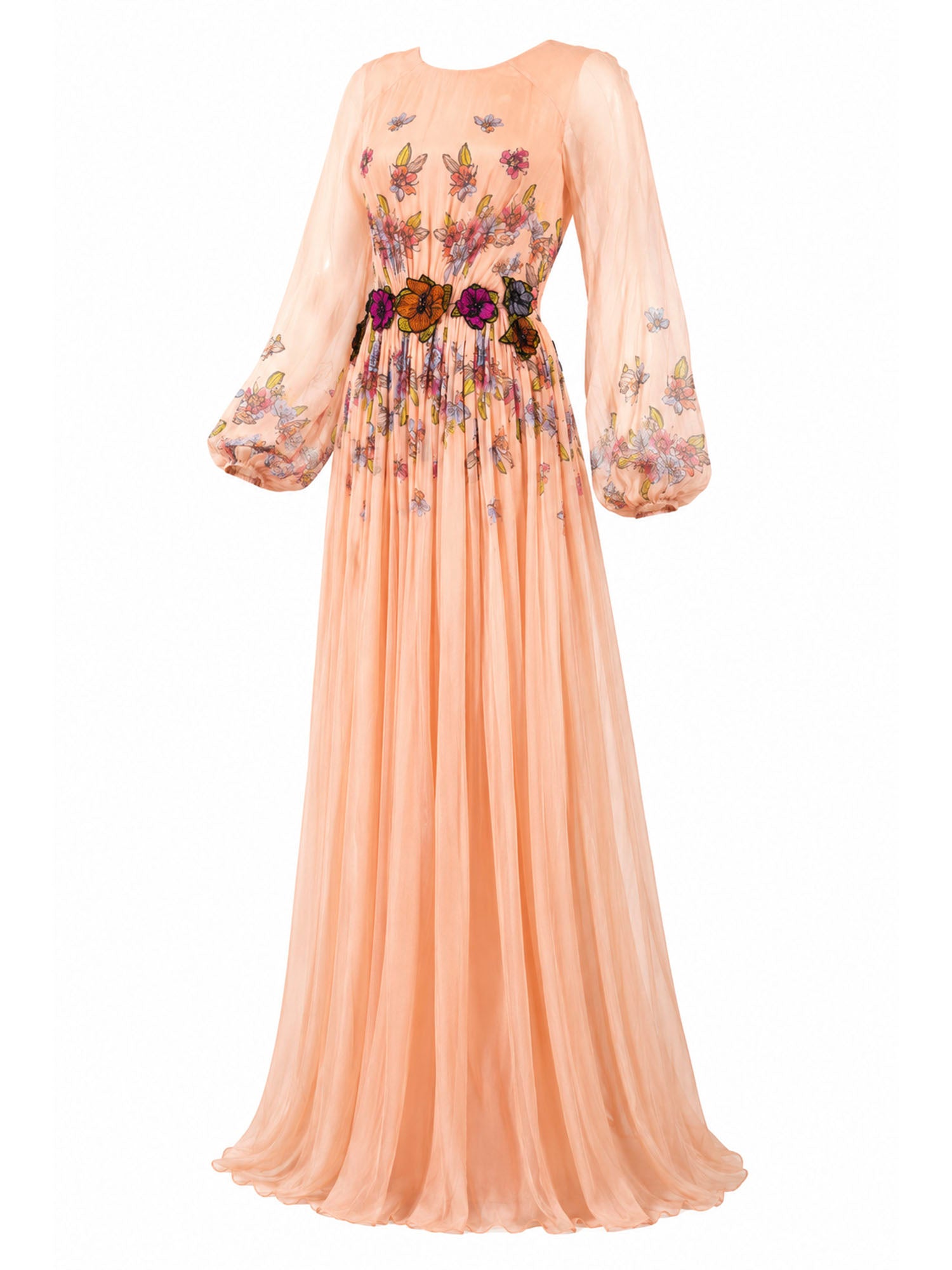 Rami Al Ali peach floral chiffon gown alternate front — designer dress KSA | SO. by Sora