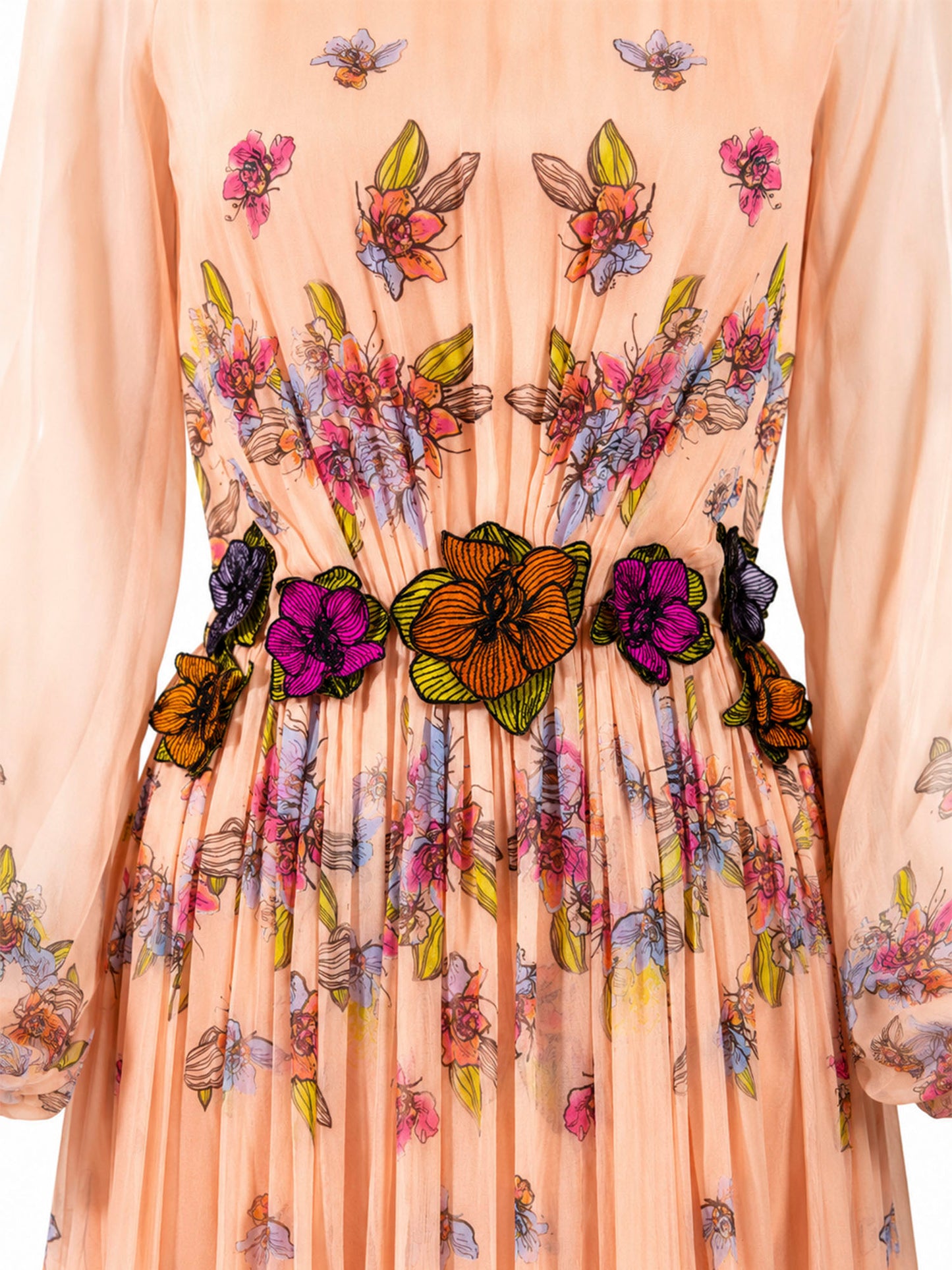Rami Al Ali floral appliqué waist detail — peach silk chiffon gown | SO. by Sora
