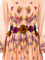 Rami Al Ali floral appliqué waist detail — peach silk chiffon gown | SO. by Sora
