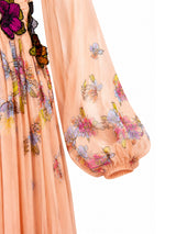 Rami Al Ali sheer bishop sleeve floral detail — peach chiffon dress KSA | SO. by Sora