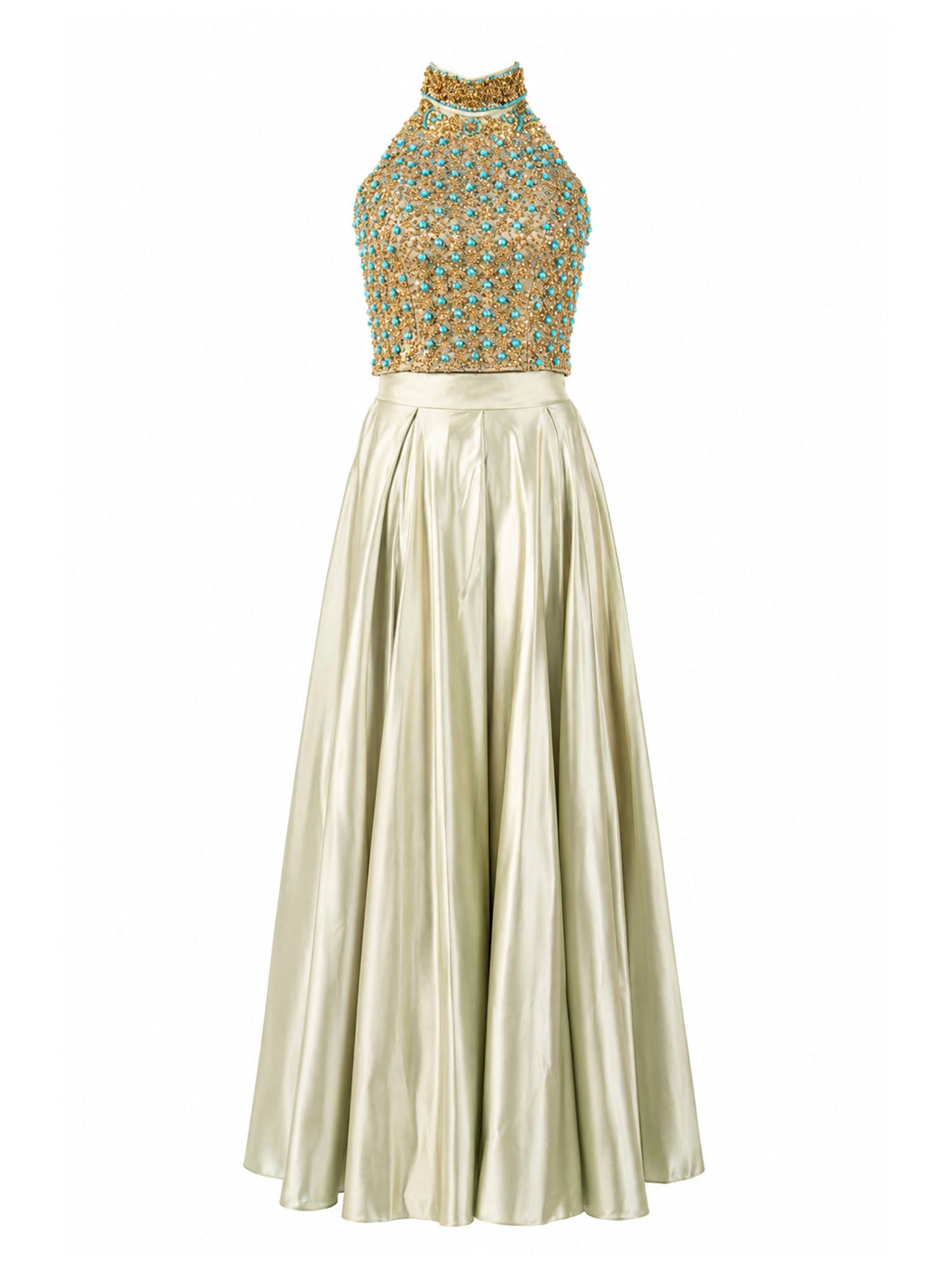Sage green satin beaded two-piece gown front — luxury evening dress Saudi Arabia | SO. by Sora