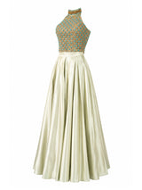 Sage green two-piece gown angled view — designer formal dress KSA | SO. by Sora