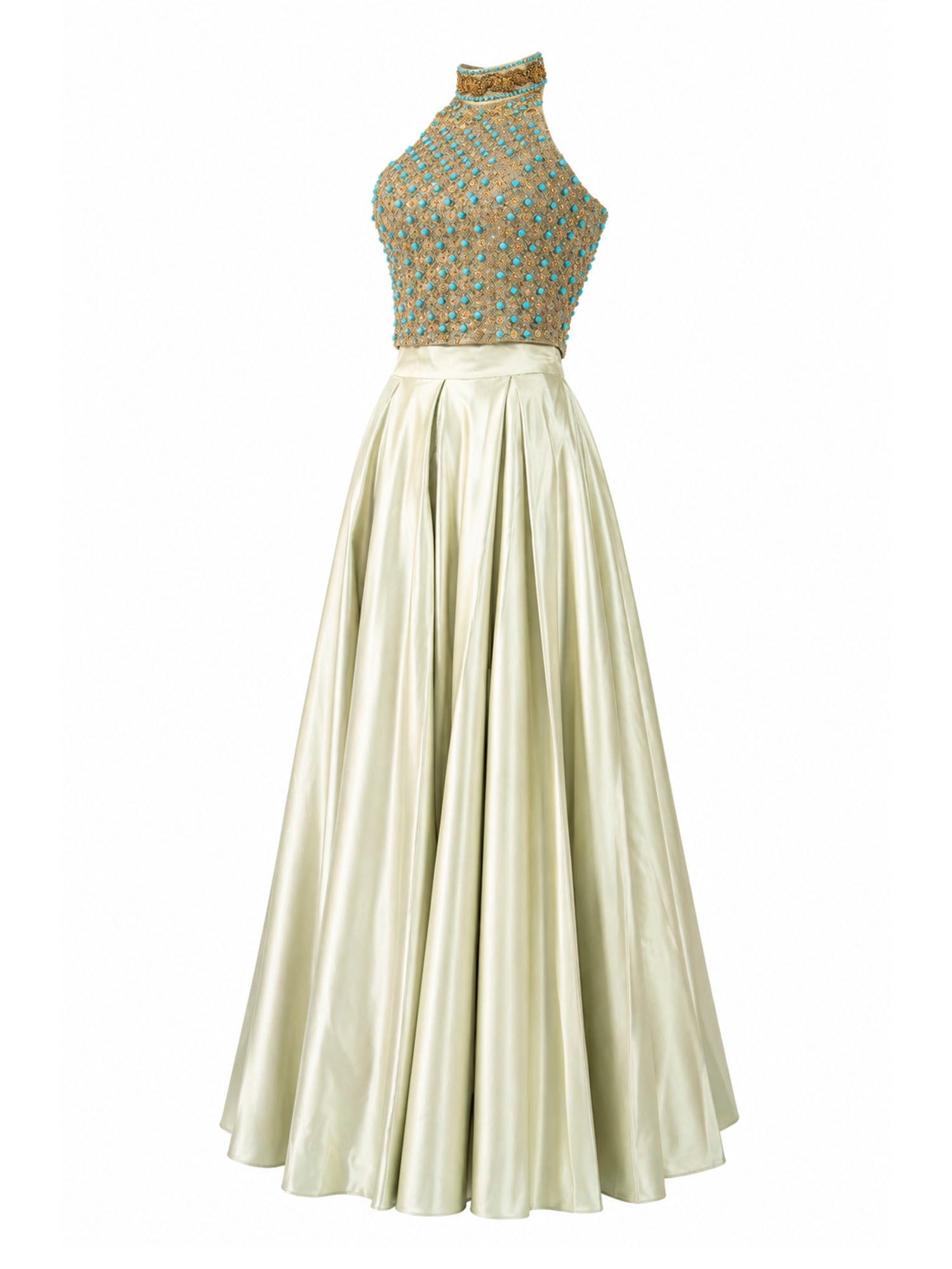 Sage green two-piece gown angled view — designer formal dress KSA | SO. by Sora