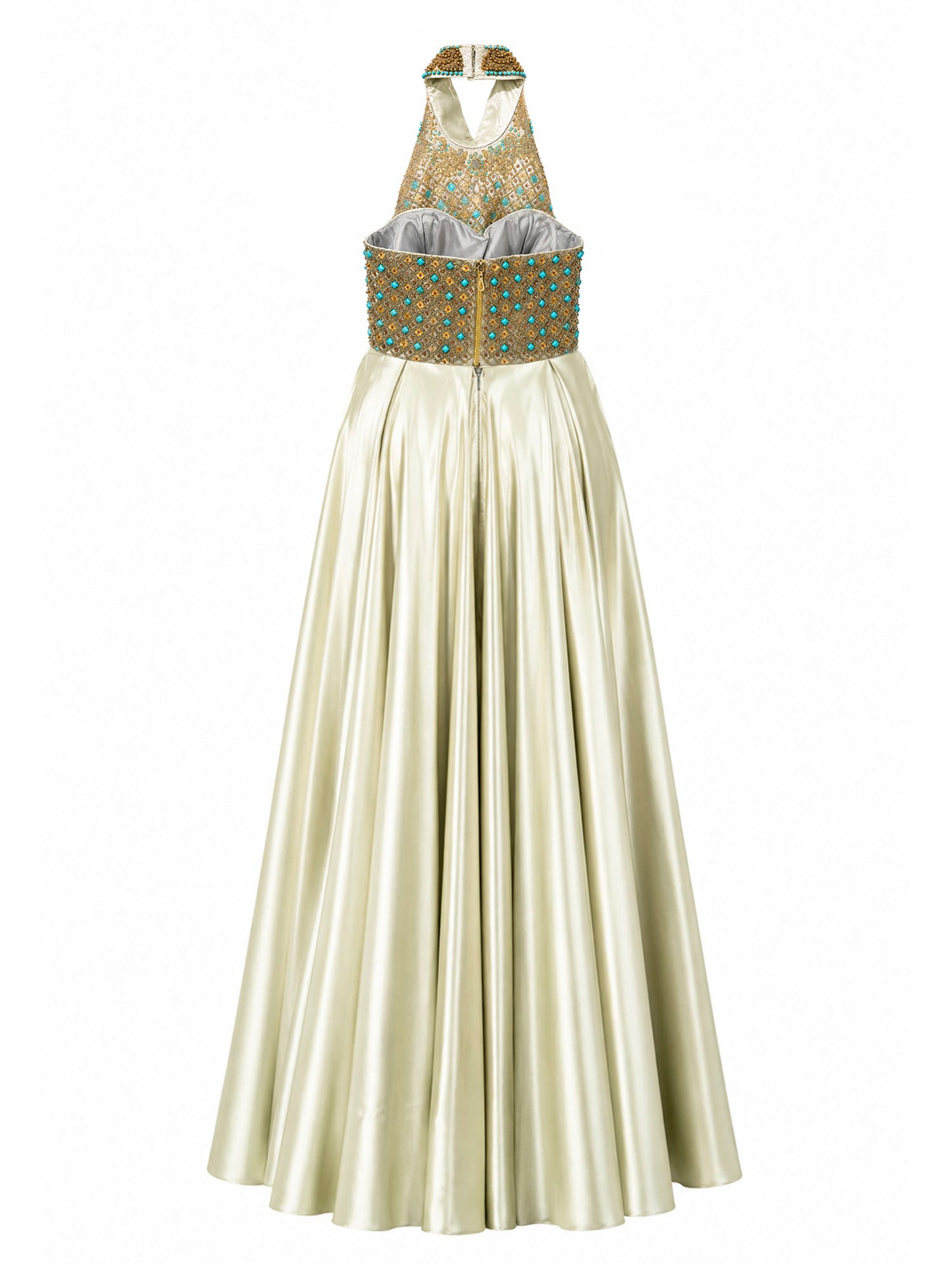 Sage green satin two-piece gown back — buy formal evening gown online Saudi Arabia | SO. by Sora
