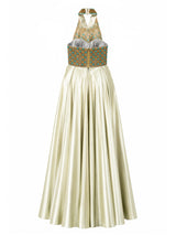 Sage green satin two-piece gown back — buy formal evening gown online Saudi Arabia | SO. by Sora