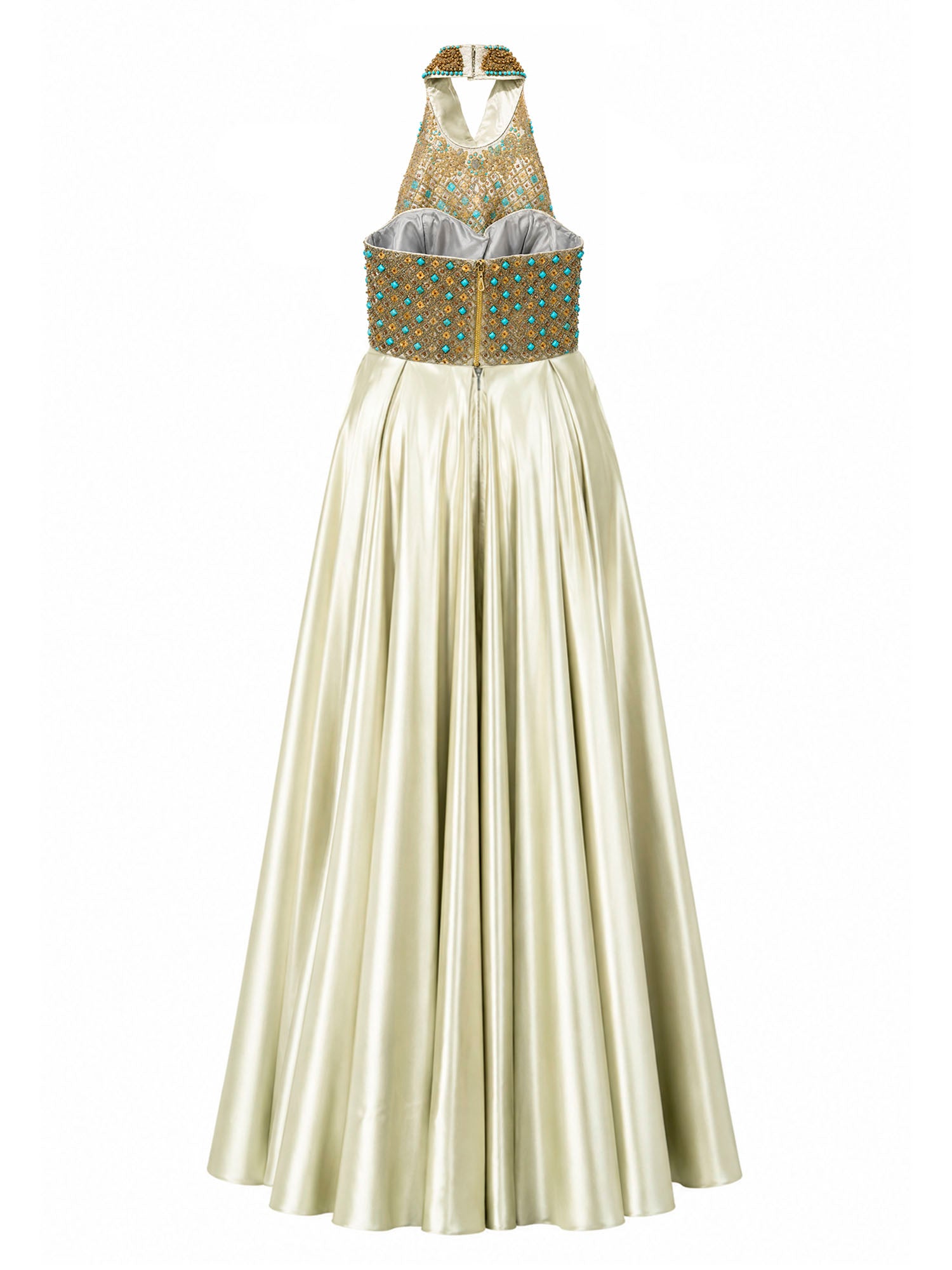 Sage green satin two-piece gown back — buy formal evening gown online Saudi Arabia | SO. by Sora