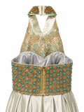 Beaded halter top detail — sage green two-piece gown Saudi Arabia | SO. by Sora