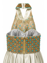 Beaded halter top detail — sage green two-piece gown Saudi Arabia | SO. by Sora