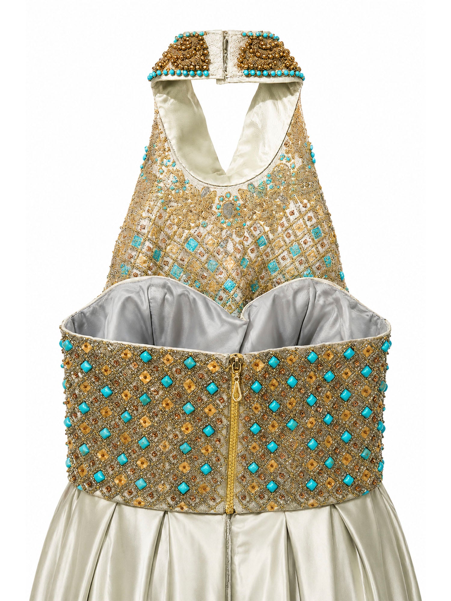 Beaded halter top detail — sage green two-piece gown Saudi Arabia | SO. by Sora