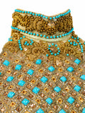 Turquoise and gold embroidery neckline closeup — sage green formal dress | SO. by Sora