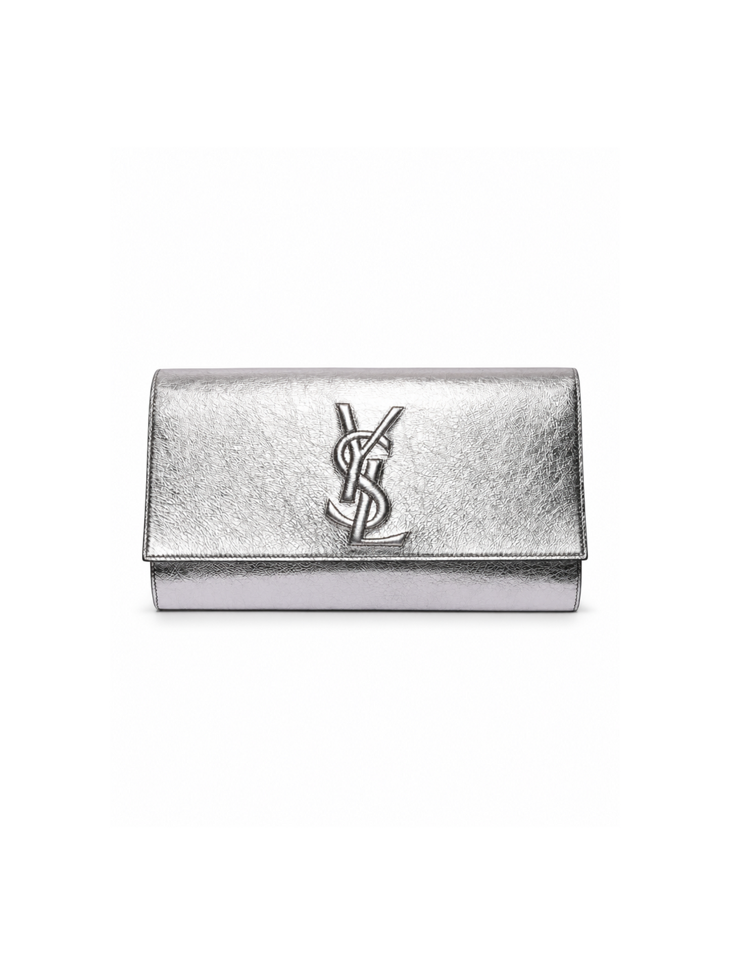 Saint Laurent silver metallic monogram clutch front view — luxury pre-owned handbag Saudi Arabia | SO. by Sora