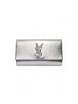 Saint Laurent silver metallic monogram clutch front view — luxury pre-owned handbag Saudi Arabia | SO. by Sora