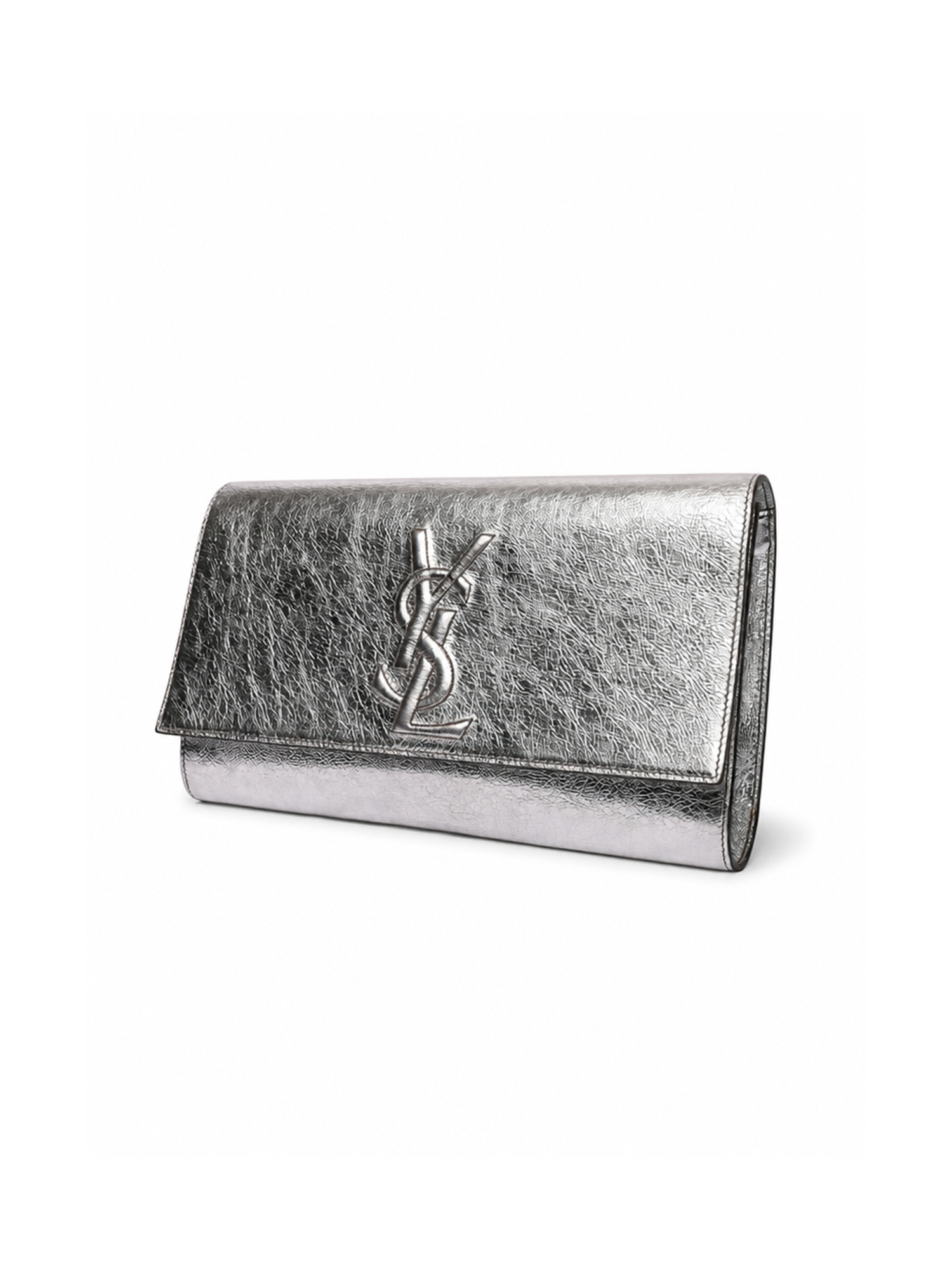 YSL Cassandre monogram and crackled metallic leather detail — silver Saint Laurent clutch | SO. by Sora