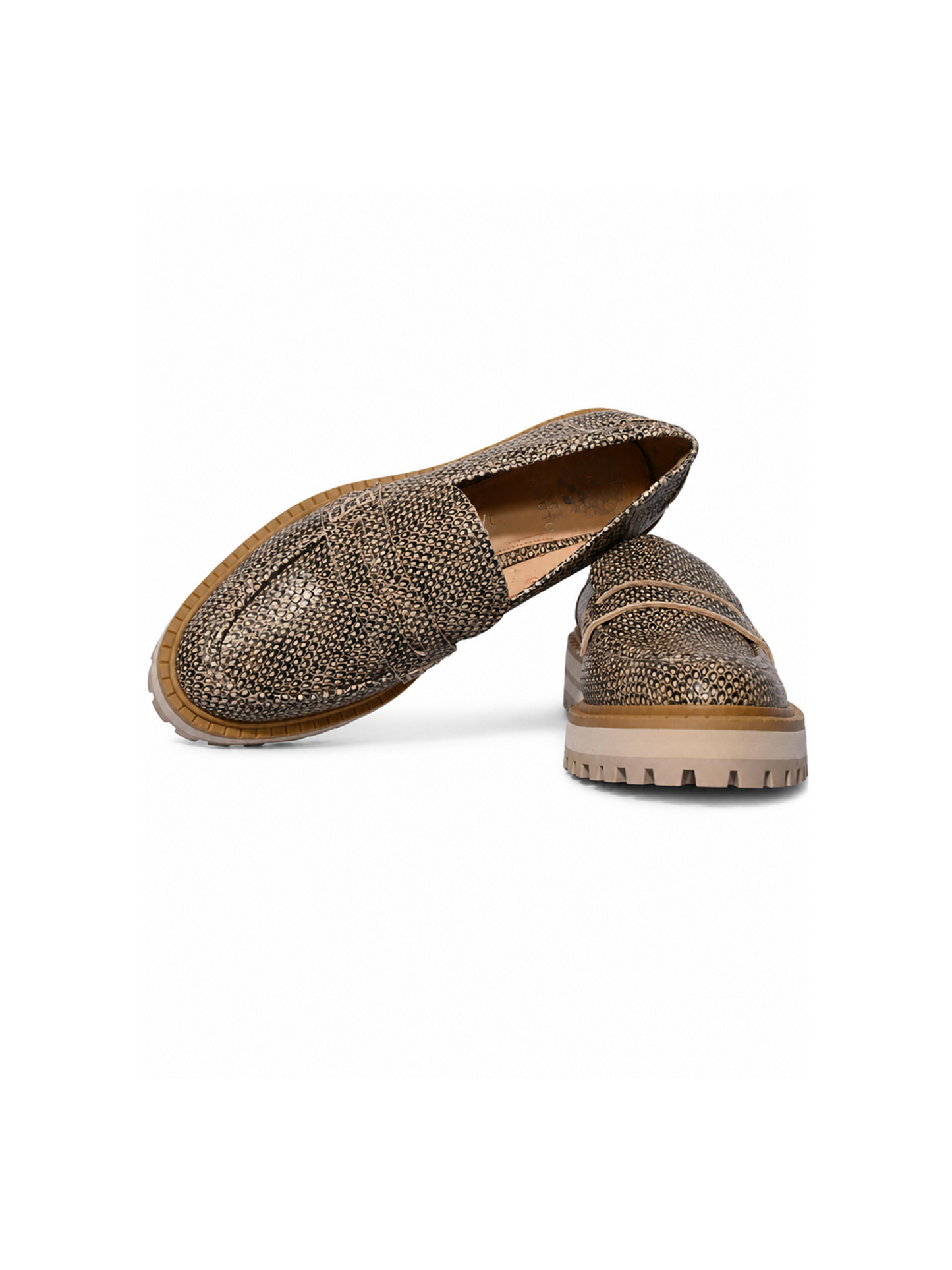 Penny strap and chunky lug platform detail — snake-print leather loafers | SO. by Sora