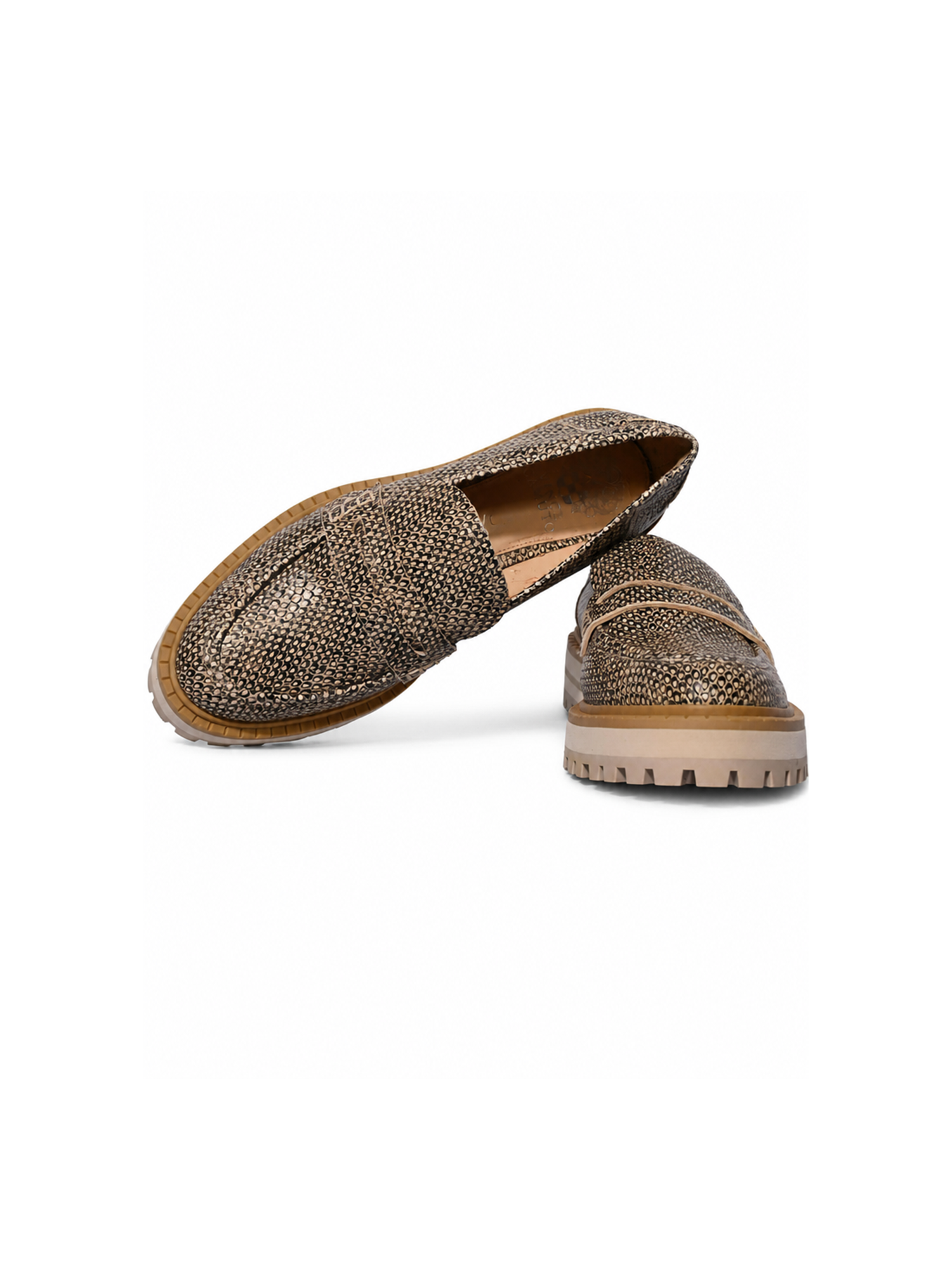 Penny strap and chunky lug platform detail — snake-print leather loafers | SO. by Sora