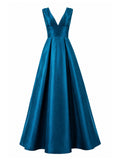 ML Monique Lhuillier teal satin V-neck ball gown front — luxury dress Saudi Arabia | SO. by Sora