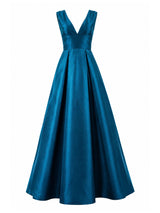 ML Monique Lhuillier teal satin V-neck ball gown front — luxury dress Saudi Arabia | SO. by Sora