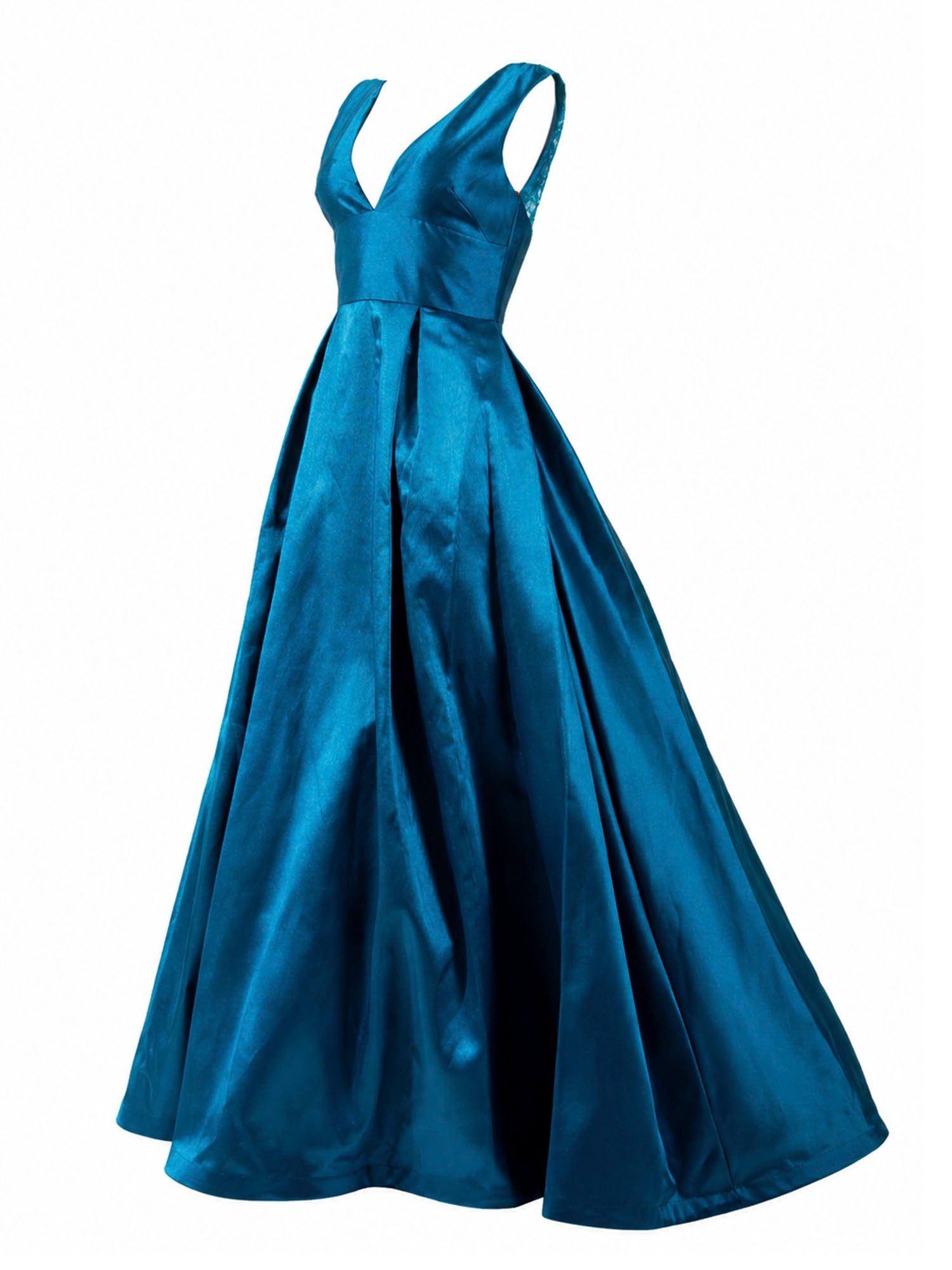 ML Monique Lhuillier teal satin ball gown side — designer formal dress KSA | SO. by Sora