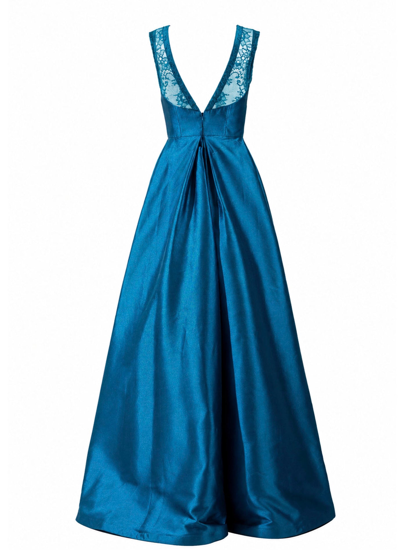 ML Monique Lhuillier teal satin gown lace-inset V back — buy ball gown Saudi Arabia | SO. by Sora