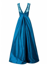 ML Monique Lhuillier teal satin gown lace-inset V back — buy ball gown Saudi Arabia | SO. by Sora