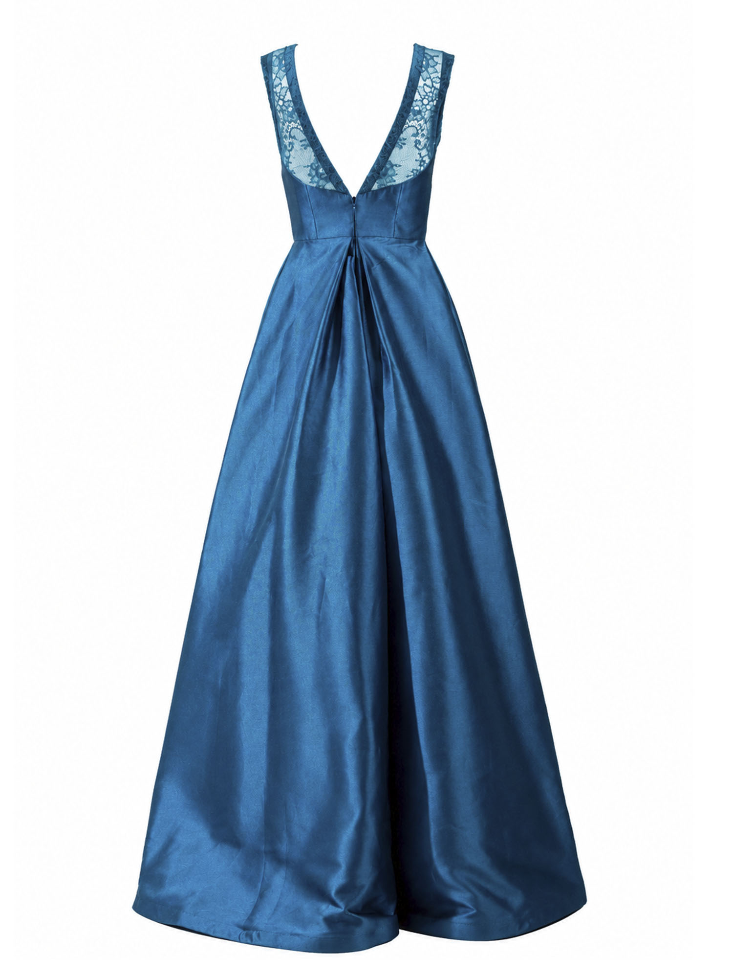 ML Monique Lhuillier teal satin gown lace-inset V back — buy ball gown Saudi Arabia | SO. by Sora