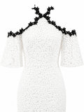 Jill Jill Stuart black floral trim neckline detail — white guipure lace dress | SO. by Sora