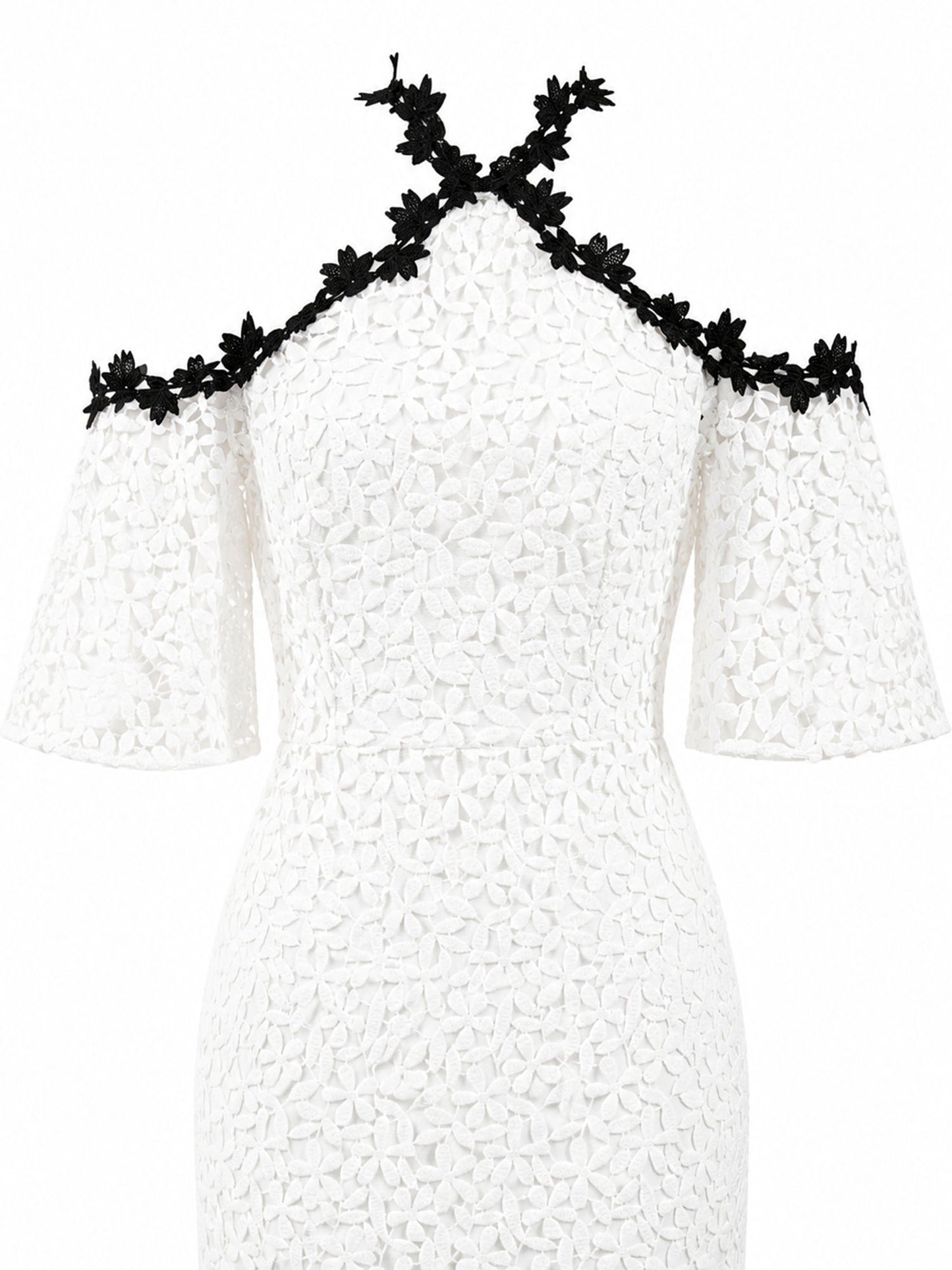Jill Jill Stuart black floral trim neckline detail — white guipure lace dress | SO. by Sora