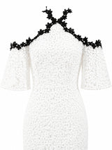 Jill Jill Stuart black floral trim neckline detail — white guipure lace dress | SO. by Sora
