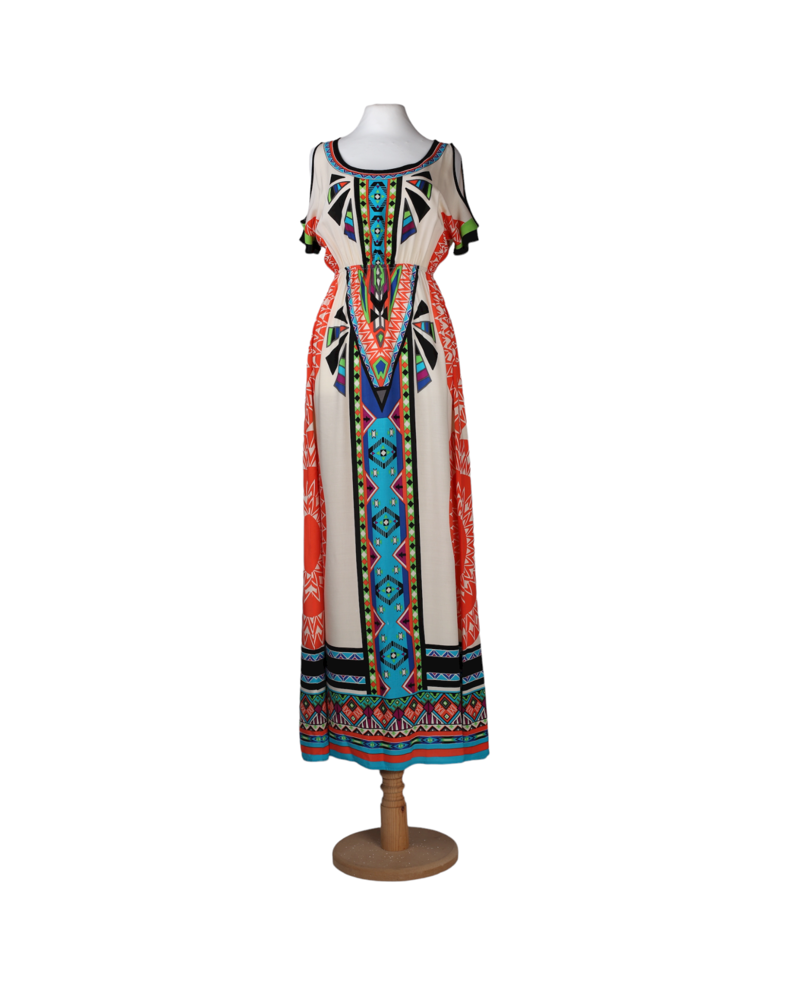 فستان ماكسي بنقوش حضارة الأزتك باللون البيج من متجر بيتش بف